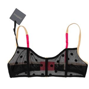 Love Haus womens black bralette beige & fuchsia straps mesh dot pattern size M